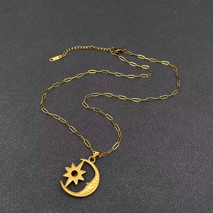 Tiger's Eye & CZ Star Moon 18K Golden SS Necklace - FGS/MS