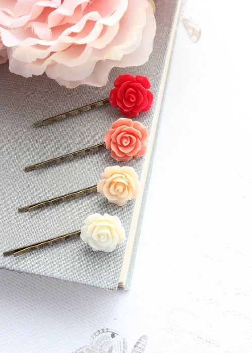 Flower Hair Pins | Ombre Set | Red Coral and Peach Roses