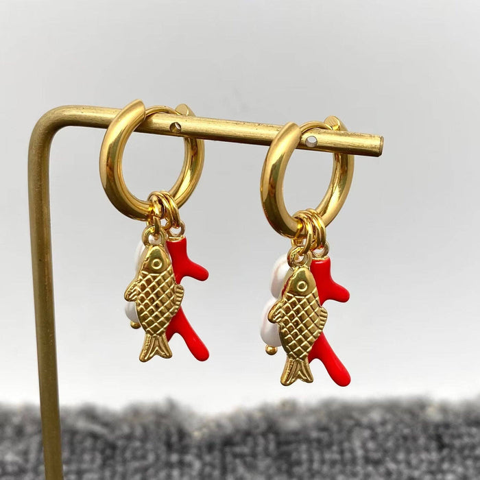Fish & Pearls & Coral 18K Gold Plated SS Huggie Earrings - FGS