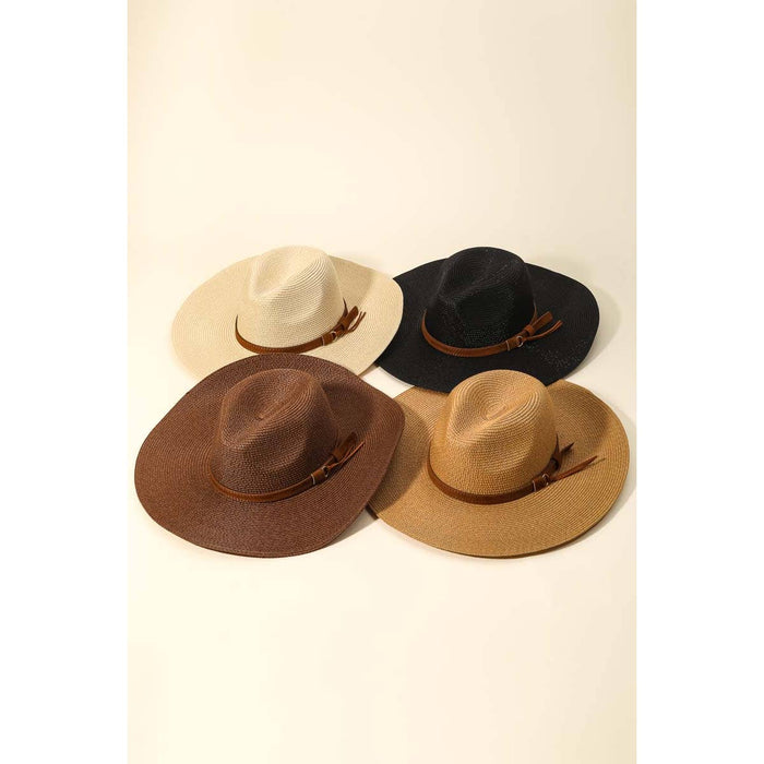 Faux Leather Belt Straw Fedora Hat