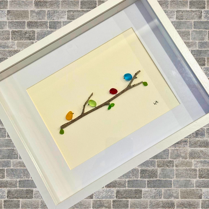 Family Birds Art, 3D Pebbles Tumbled Glass, Birds on Branch
