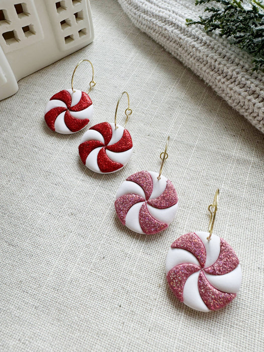 Glitter Peppermint Hoops | Polymer Clay Earrings 