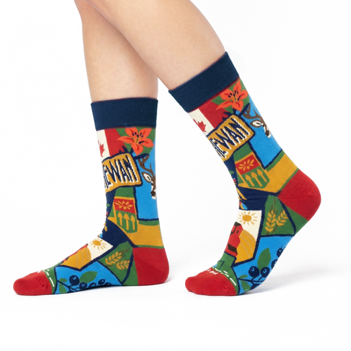 Saskatchewan Scenic Prairie Culture Crew Socks with Wheat Fields and Provincial Icons