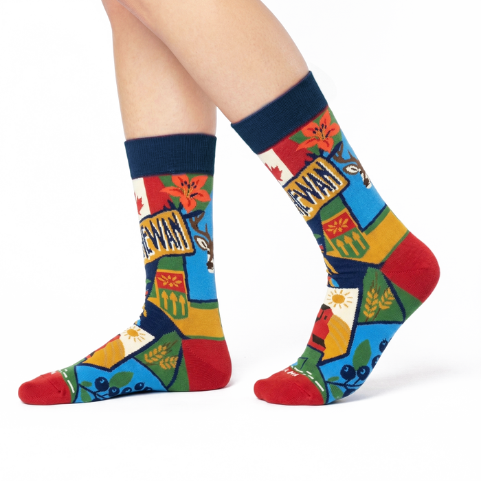 Saskatchewan Scenic Prairie Culture Crew Socks with Wheat Fields and Provincial Icons
