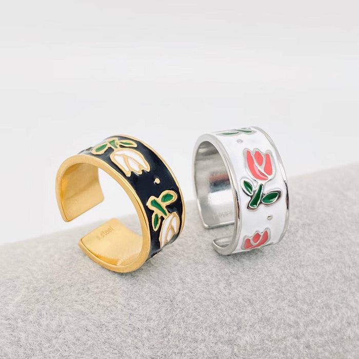 Tulip Enamel Flowers Stainless Steel Ring - FGS