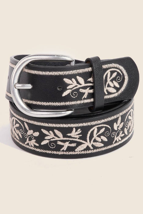 Floral Embroidered Pattern Vegan Leather Belt
