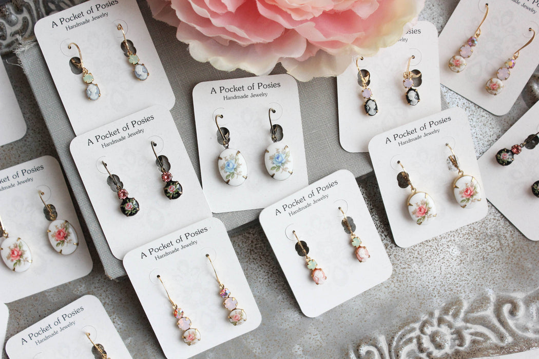 Blue Rose Cameo Earrings