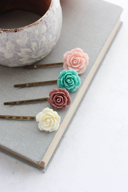 Floral Bobby pin - Teal, Dusty Rose and Blush