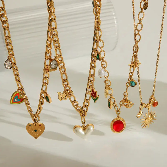 Charm Necklace with Hearts and Color Rhinestones