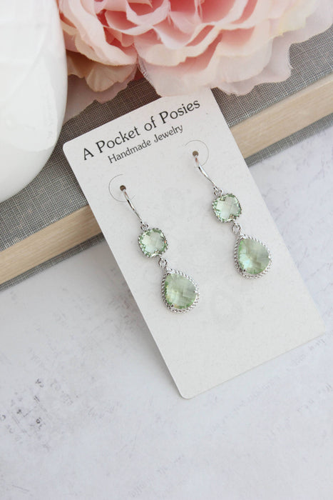 Light Green Glass Dangle Earrings | Two Jewel Teardrop