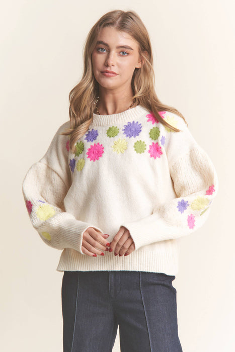 Floral Embroidered Round Neck Sweater Top