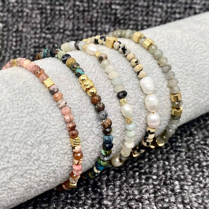 Natural Stone & Pearl Beaded 18K Gold Plated Bracelet