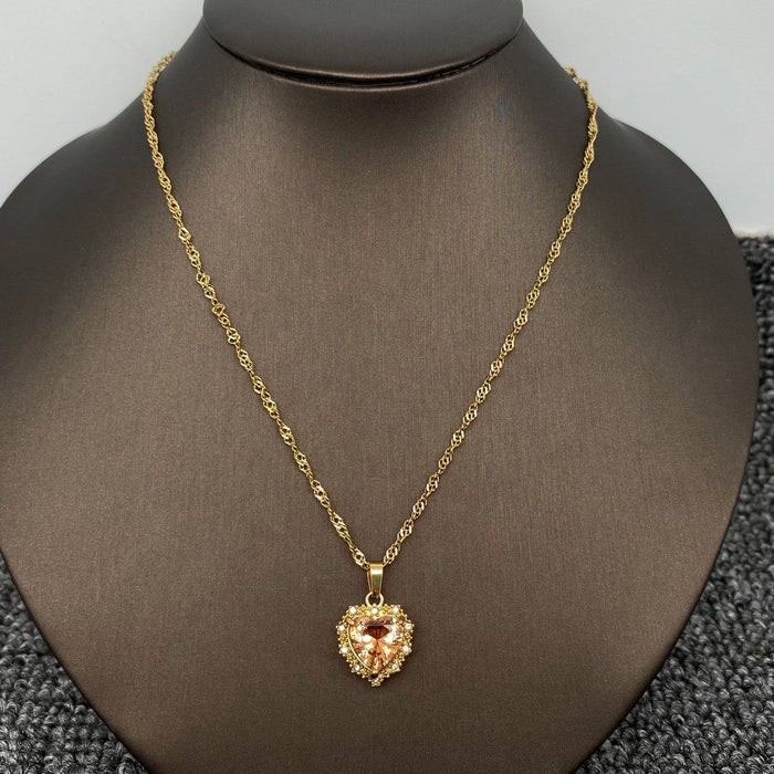 Sparkling Heart Zircon Charm 18K Gold Plated SS Necklace-FGS