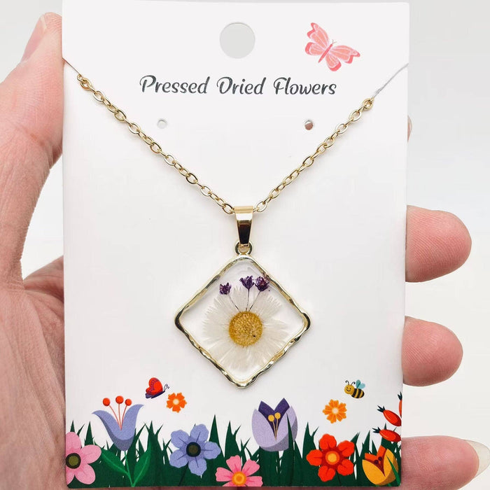 Floral Square Pendant Pressed Dried Flowers Necklace