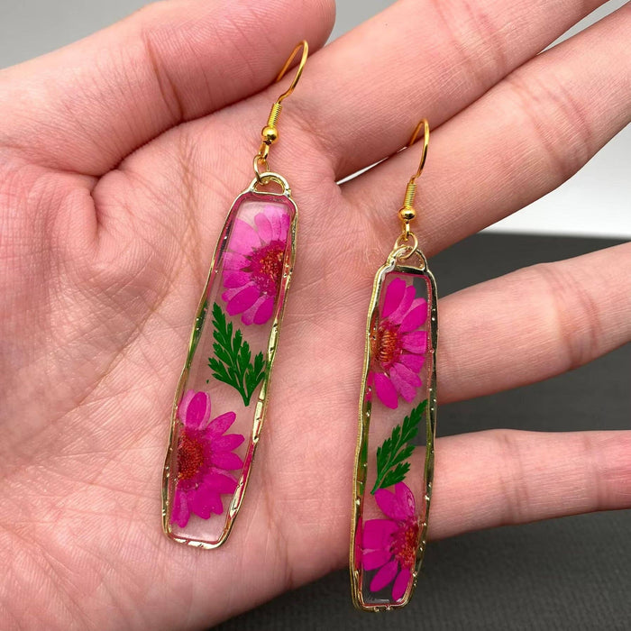 Pressed Dried Flower Long Rectangular Dangle Earrings