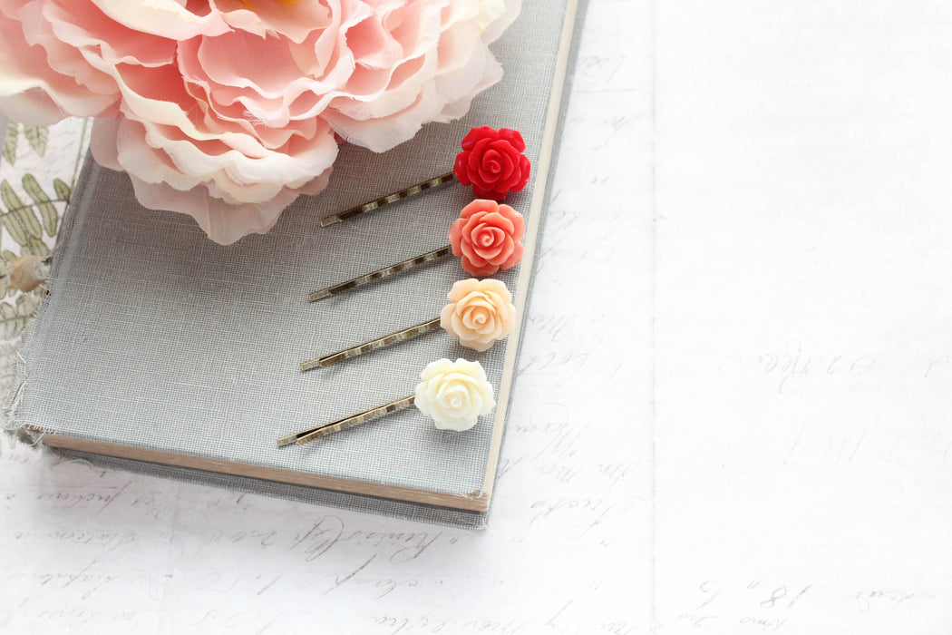 Flower Hair Pins | Ombre Set | Red Coral and Peach Roses