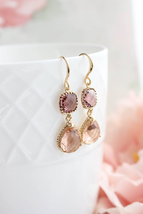 Peach Glass Earrings | Modern Earrings | Dusty Plum Teardrop