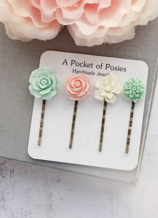 Flower Bobby Pins | Pastel Pink and Mint | Floral Hair Pins