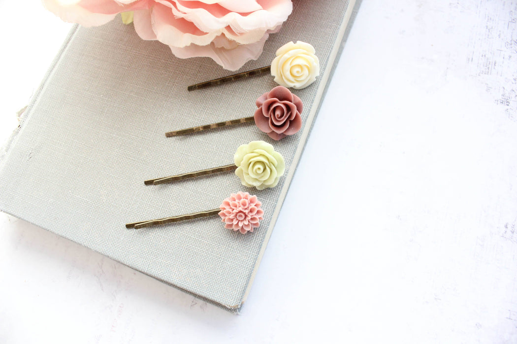 Flower Bobby Pins | Rose Hair Pins | Dusty Rose and Green