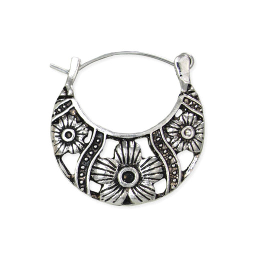 Vintage Flower Silver Hoop Earrings