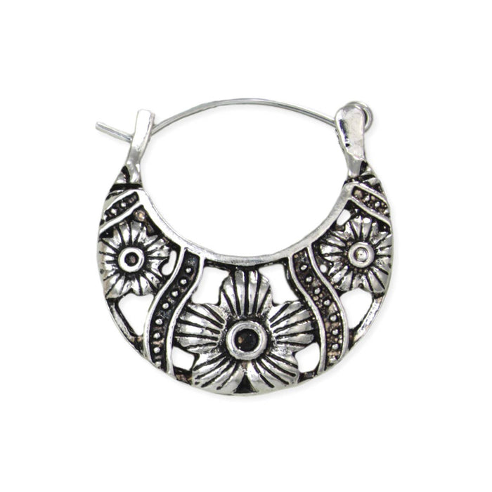 Vintage Flower Silver Hoop Earrings