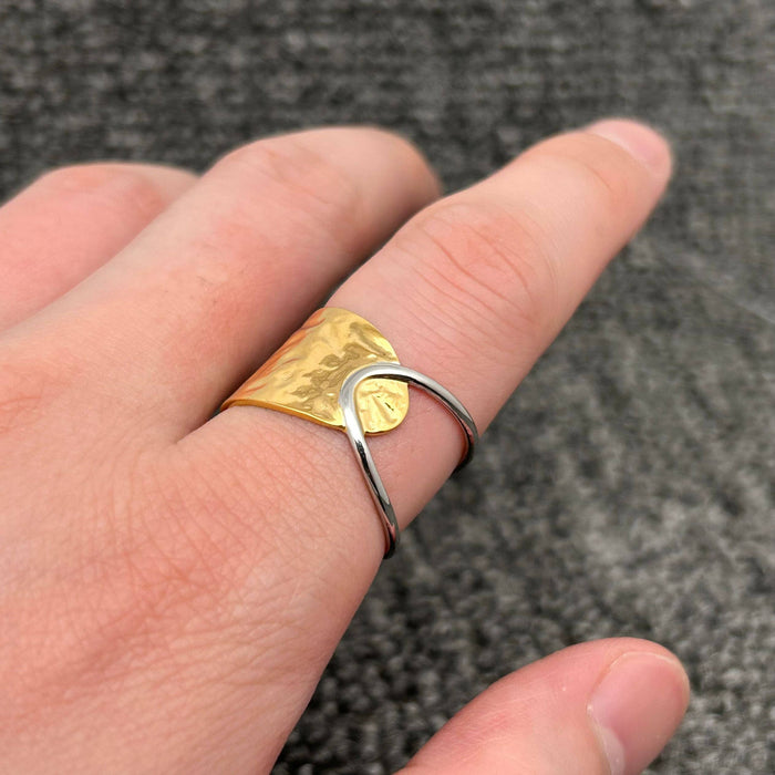 18K Gold Plated S.Steel Two Tone Half Hollow Ring - FGS