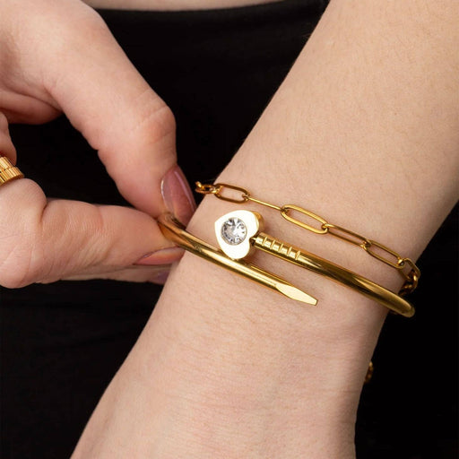 18K Gold PVD Stainless Steel Heart with Stone Bangle