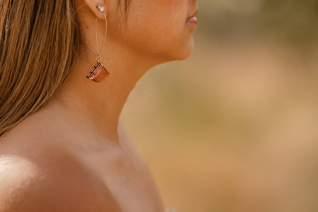 Large Brown Glass Earrings | Long Gold Earrings