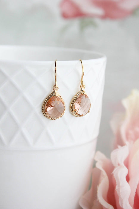 Glass Pear Drop Earrings - gold rope setting - Peach Blush