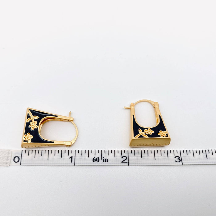 Black Enamel Carved Flower Bag Design Huggie Earrings