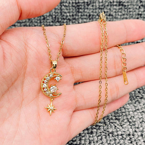 Sparkling Cubic Zirconia Star Moon charm Necklace - MS