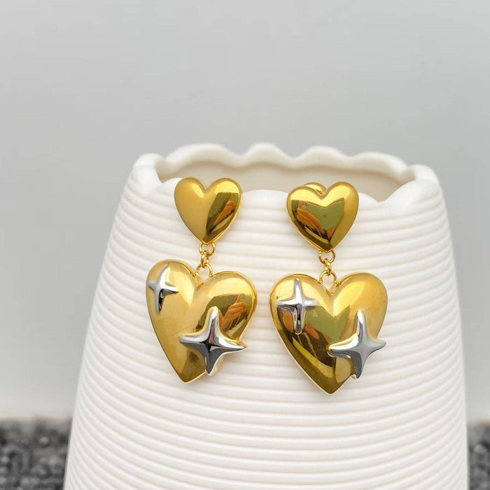 Two Tone Star Heart Charm 18K Golden S.Steel Earrings