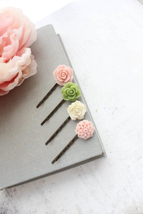 Flower Hair Pins - Pink and Green