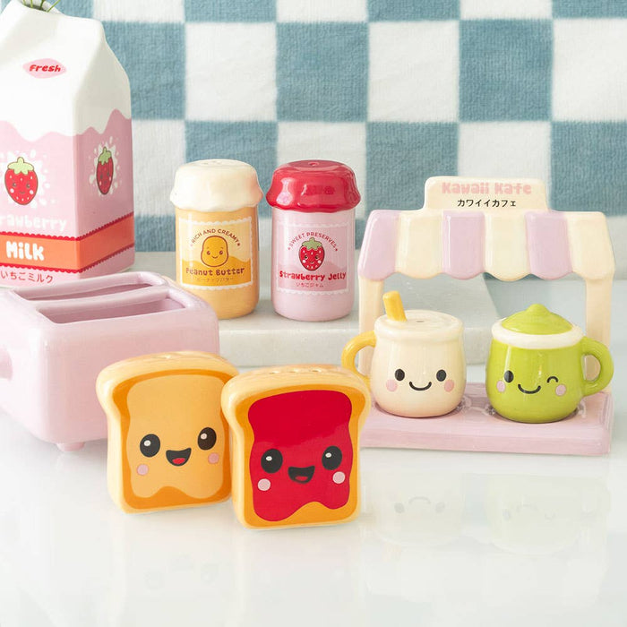Kawaii Toast Salt and Pepper Shakers in Toaster Holder