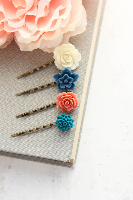 Flower Bobby Pins | Blue and Coral | Flowers for Hair
