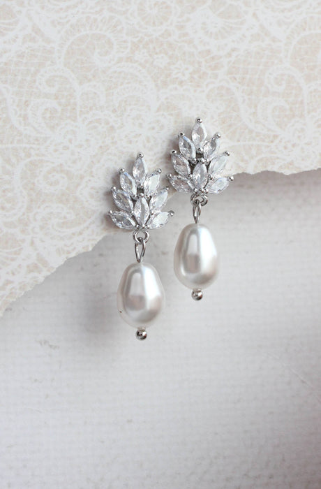 Glass Leaf Post Earrings - Pearl Drop
