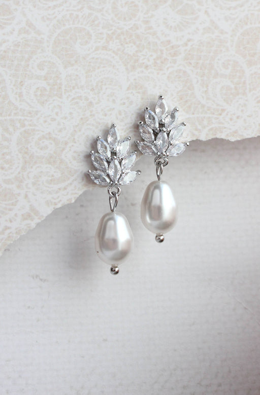 Glass Leaf Post Earrings - Pearl Drop