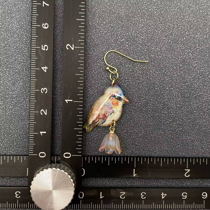 Robin Picking Flowers, Resin Birds Dangle Earrings