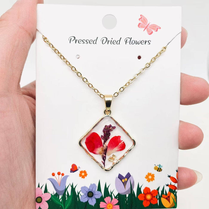 Floral Square Pendant Pressed Dried Flowers Necklace
