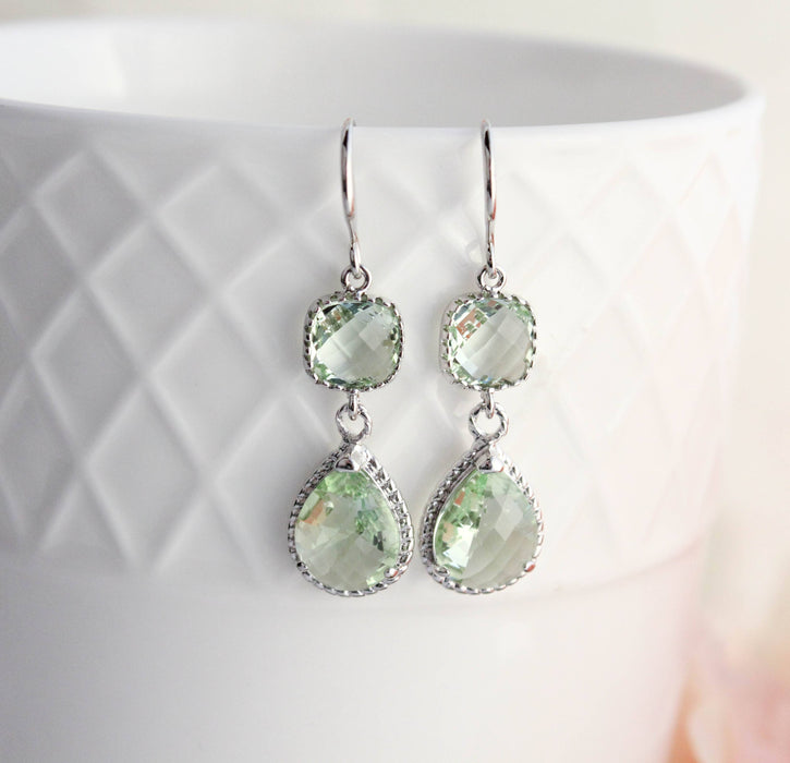 Light Green Glass Dangle Earrings | Two Jewel Teardrop