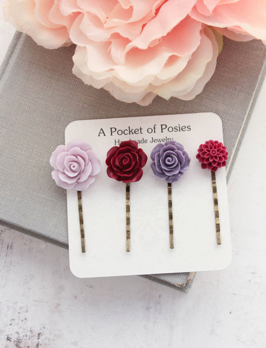 Floral Bobby Pins - Purple and Maroon Roses