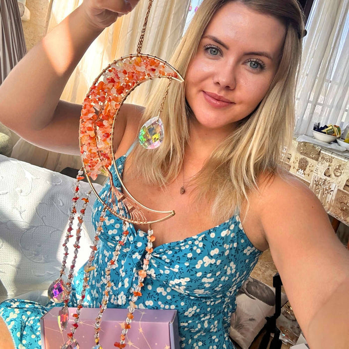 Moon Crystal Suncatcher - Rose Quartz, Red Agate, Amethyst