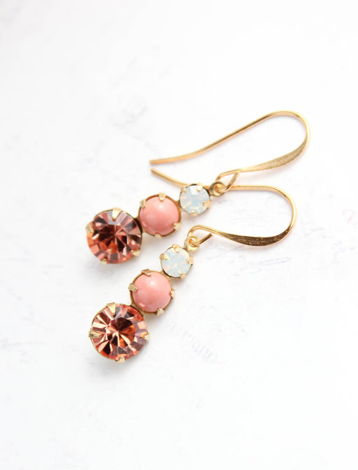 Vintage Glass Earrings |Three Jewel | Coral Peach and Opal