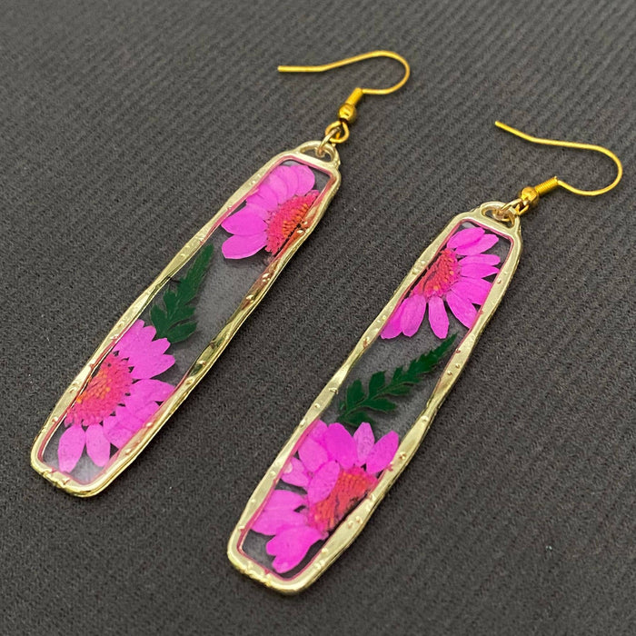 Pressed Dried Flower Long Rectangular Dangle Earrings