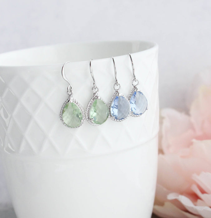 Glass Drop Earrings | Light Blue Silver