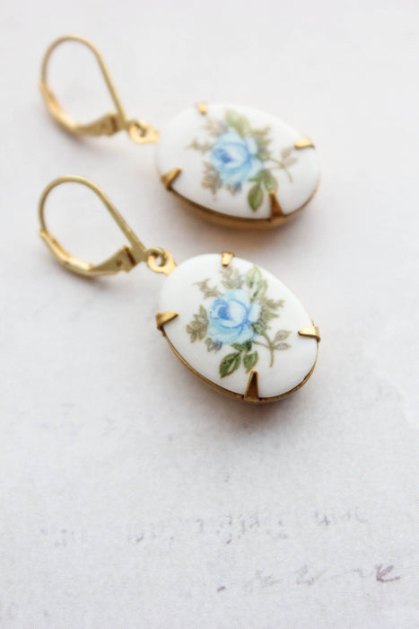 Blue Rose Cameo Earrings