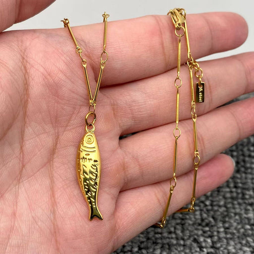 18K Gold Plated Stainless Steel Fish Charm Necklace - FGS