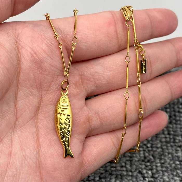 18K Gold Plated Stainless Steel Fish Charm Necklace - FGS