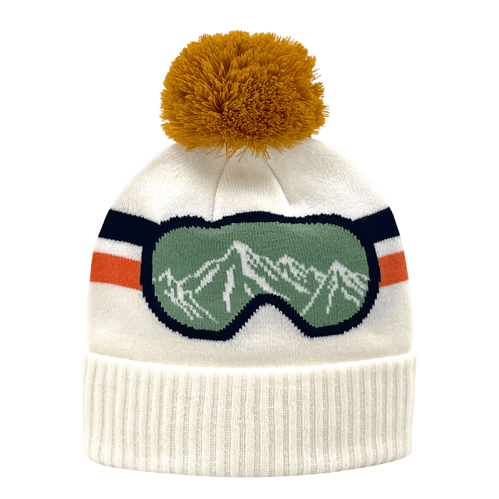 Vintage Ski Goggle Beanie Hat with Mountain View Pom Pom Knit Cap