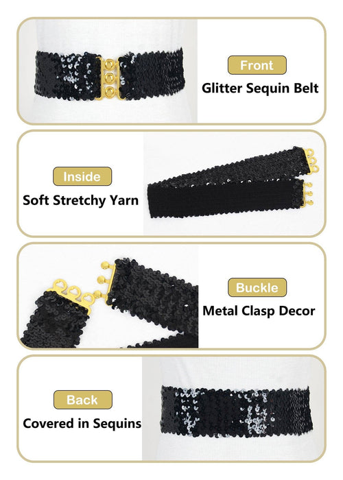 Women Glitter Sequin Belts Stretchy Sparkly Cinch Belt Disco